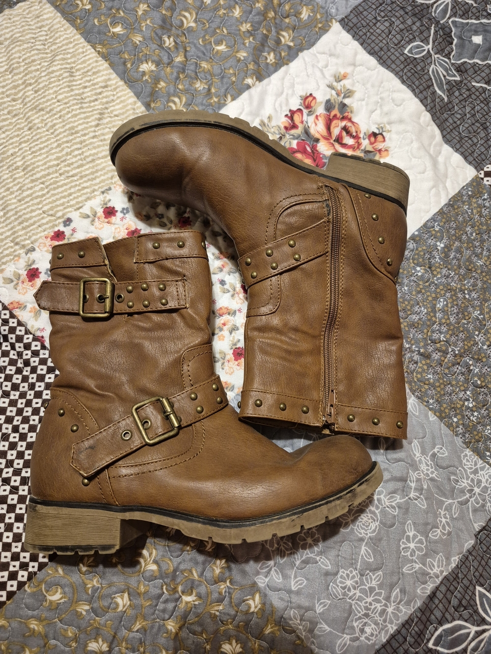 EUC Brown Faux Leather Studded Buckle Mid-Calf Boots By Journee Collection